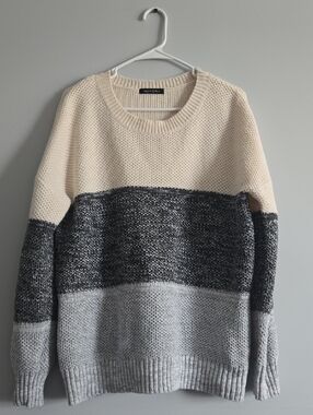 Hippie Chic Textured Colorblock Sweater - Cream, Charcoal & Light Gray, Large